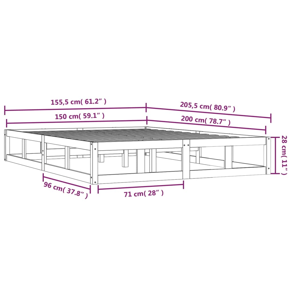 vidaXL Bed Frame without Mattress Black 150x200 cm King Size Solid Wood