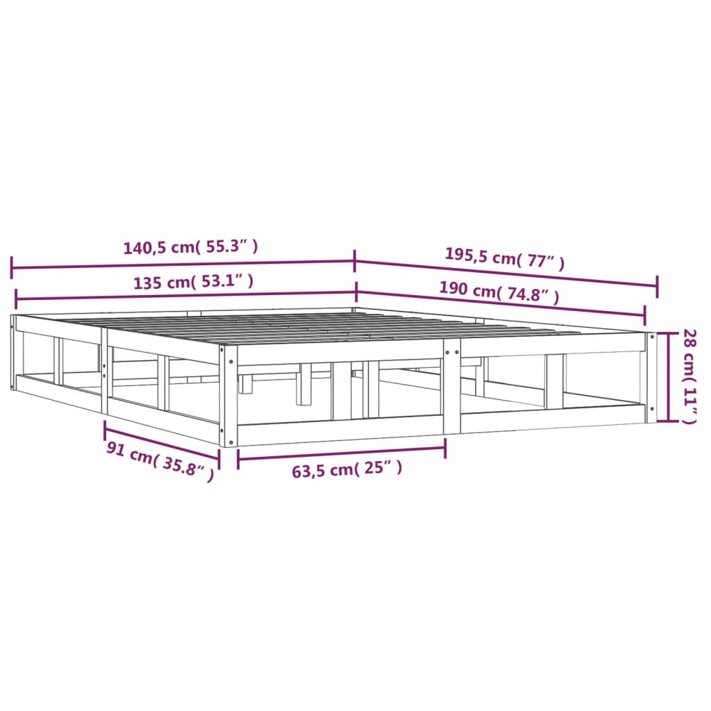 vidaXL Bed Frame without Mattress Black 135x190 cm Double Solid Wood