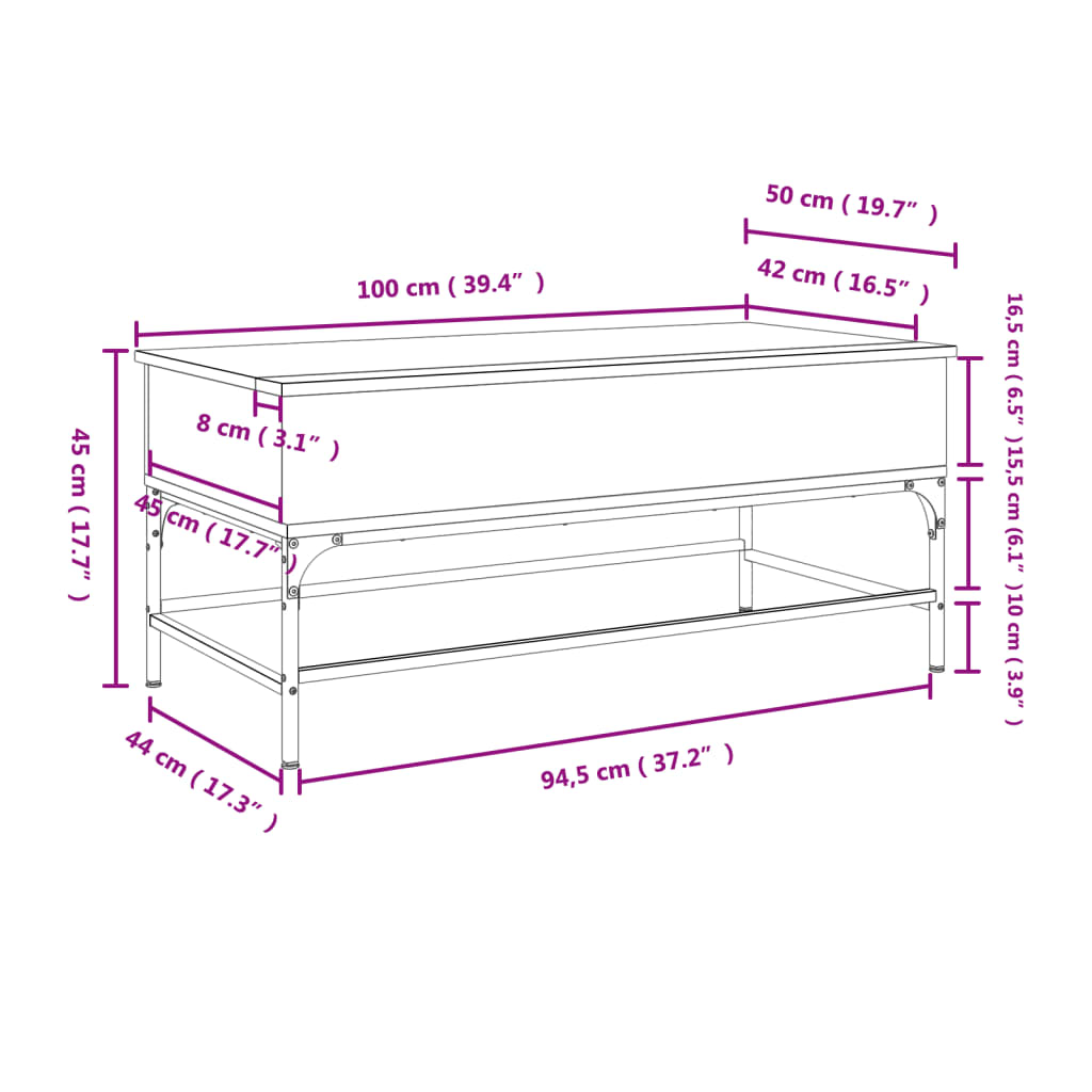 vidaXL Coffee Table Grey Sonoma 100x50x45 cm Engineered Wood and Metal