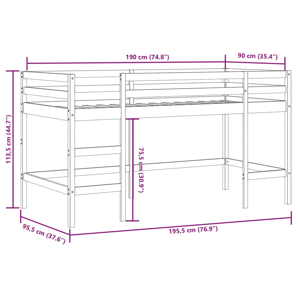 vidaXL Kids' Loft Bed with Curtains without Mattress Blue 90x190 cm Single