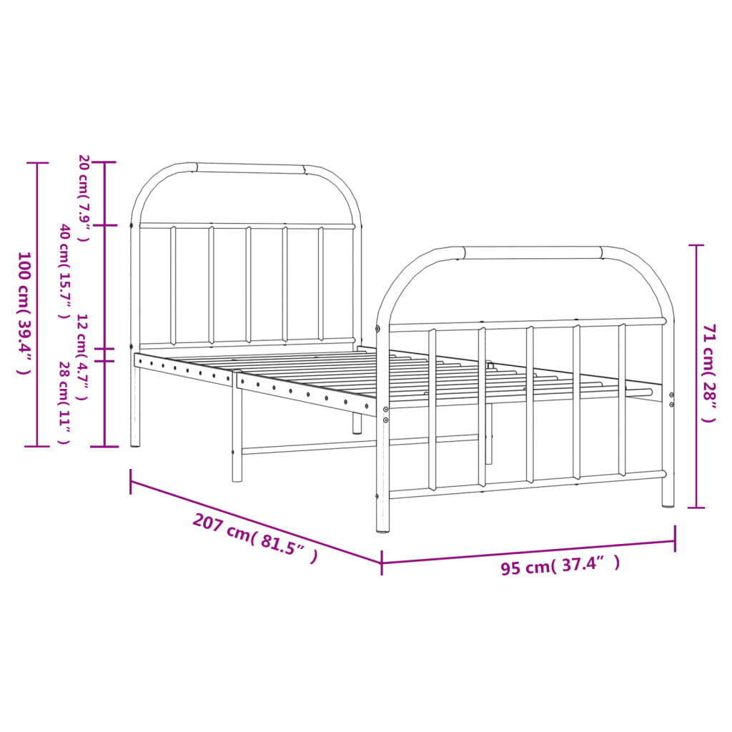 vidaXL Metal Bed Frame without Mattress with Footboard Black 90x200 cm