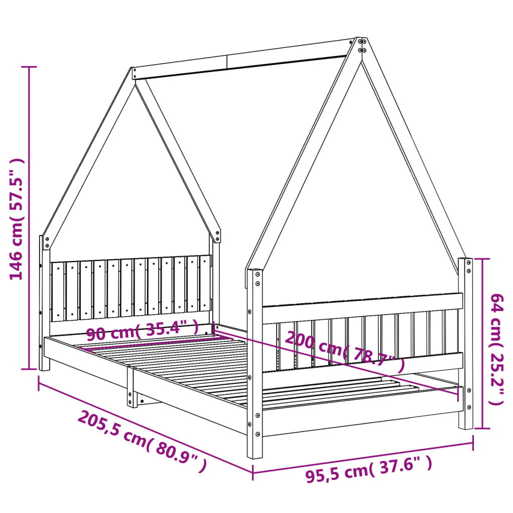 vidaXL Kids Bed Frame Black 90x200 cm Solid Wood Pine