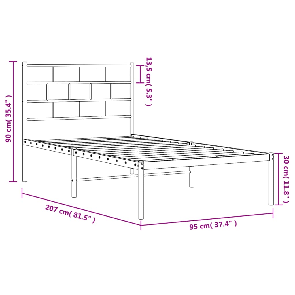 vidaXL Metal Bed Frame without Mattress with Headboard White 90x200 cm