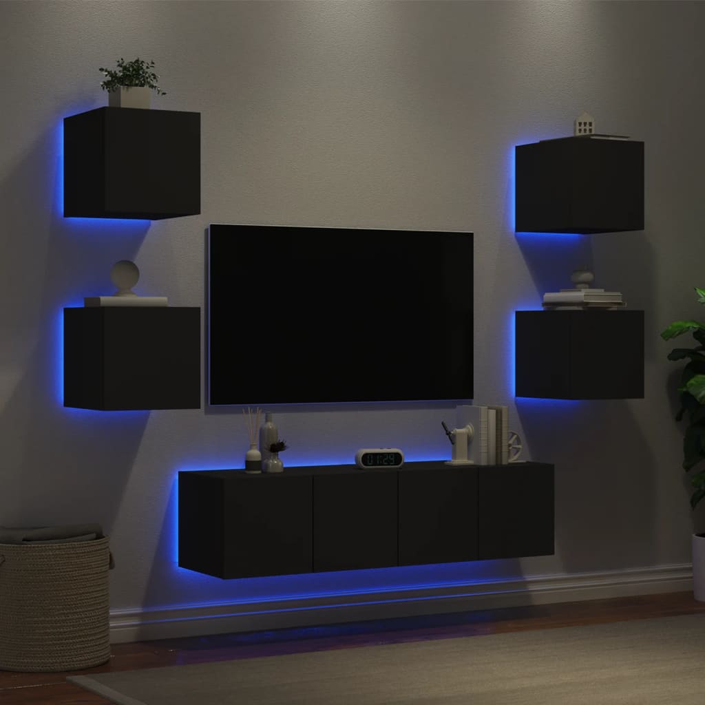 vidaXL 6 Piece TV Wall Units with LED Black Engineered Wood