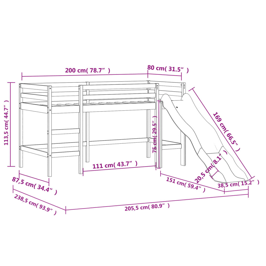 vidaXL Kids' Loft Bed with Curtains without Mattress White&Black 80x200 cm