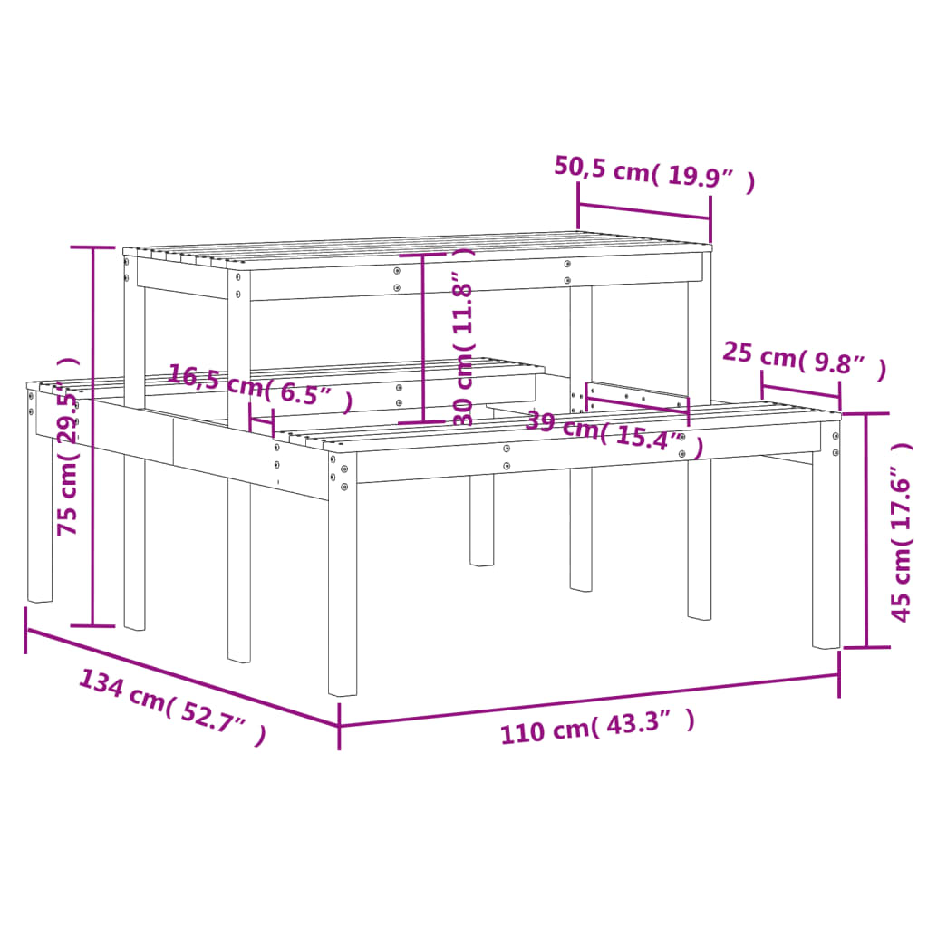 vidaXL Picnic Table 110x134x75 cm Solid Wood Douglas