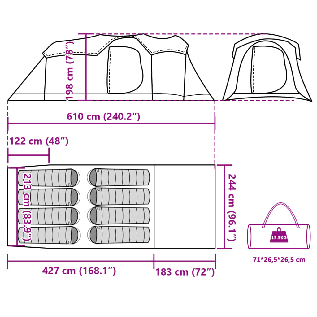 vidaXL Family Tent Tunnel 8-Person Green Waterproof