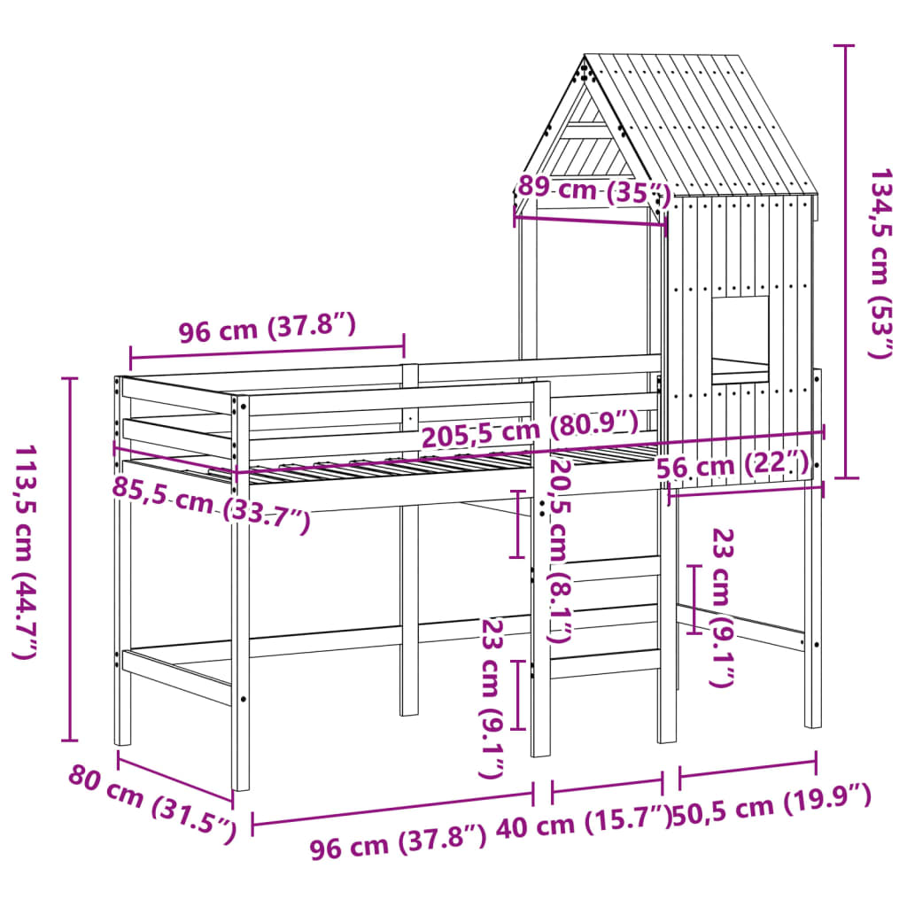 vidaXL Loft Bed with Ladder and Roof without Mattress 80x200 cm