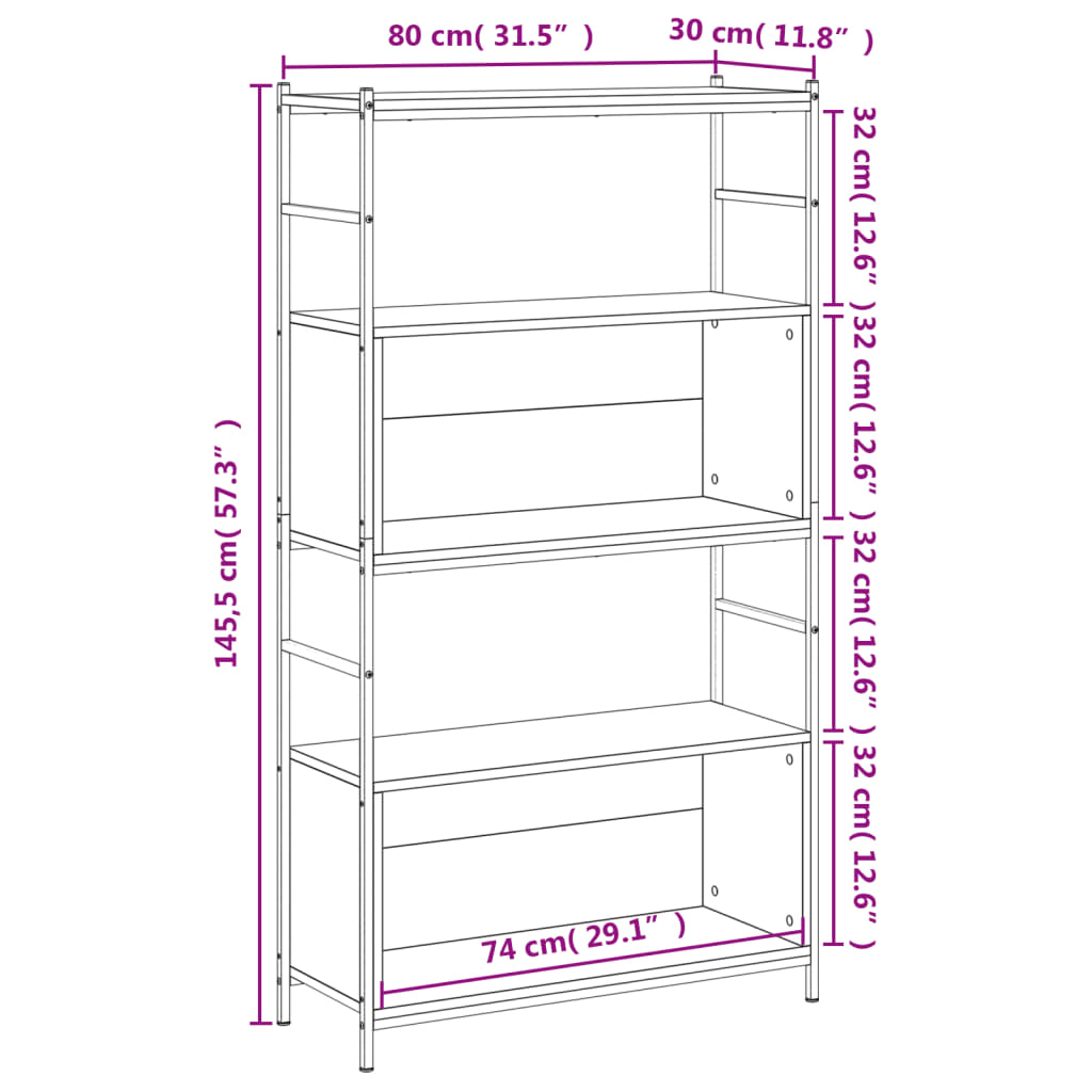 vidaXL Bookshelf Grey Sonoma 80x30x145.5 cm Engineered Wood and Iron