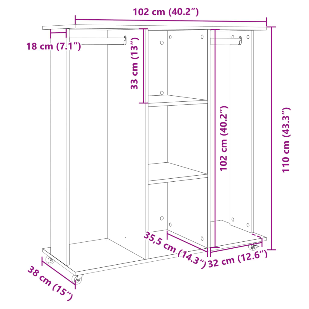 vidaXL Wardrobe with Wheels Sonoma Oak 102x38x110 cm Engineered Wood