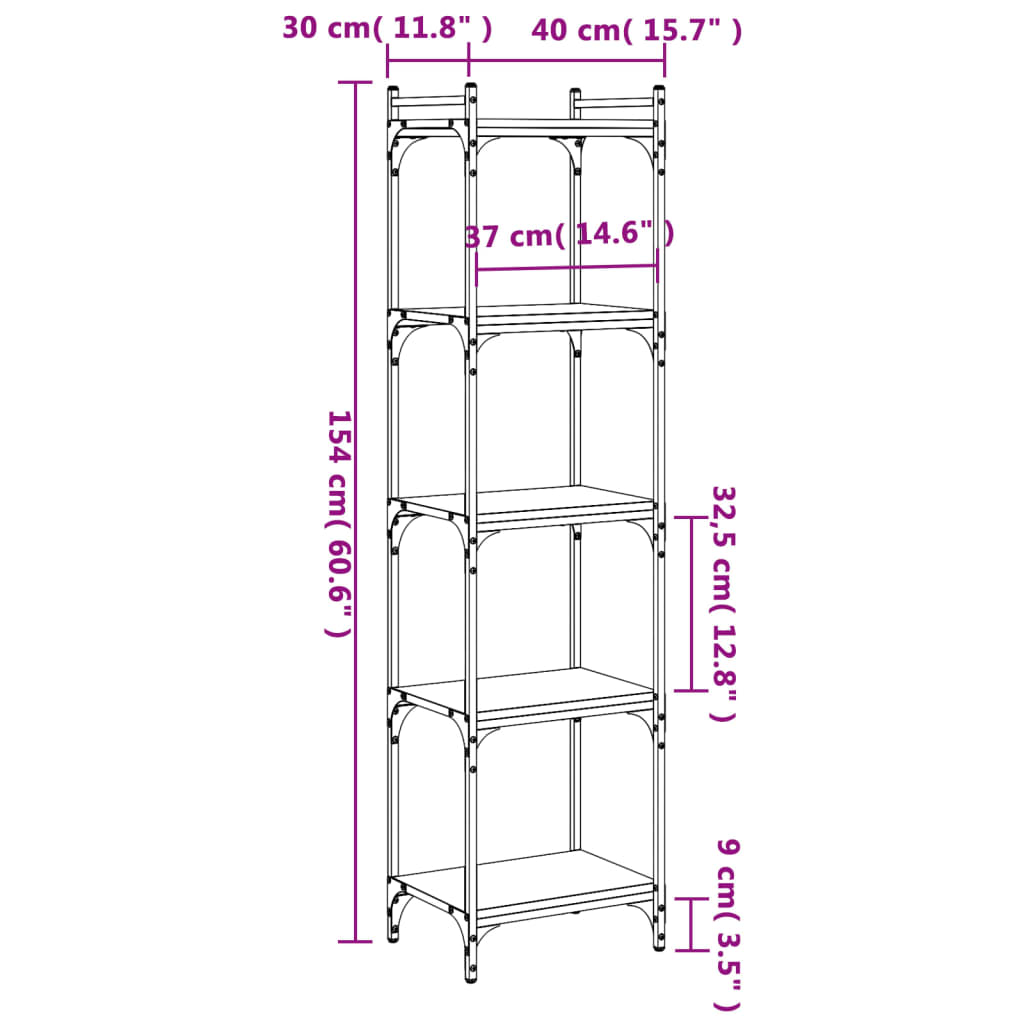 vidaXL Bookcase 5-Tier Brown Oak 40x30x154 cm Engineered Wood