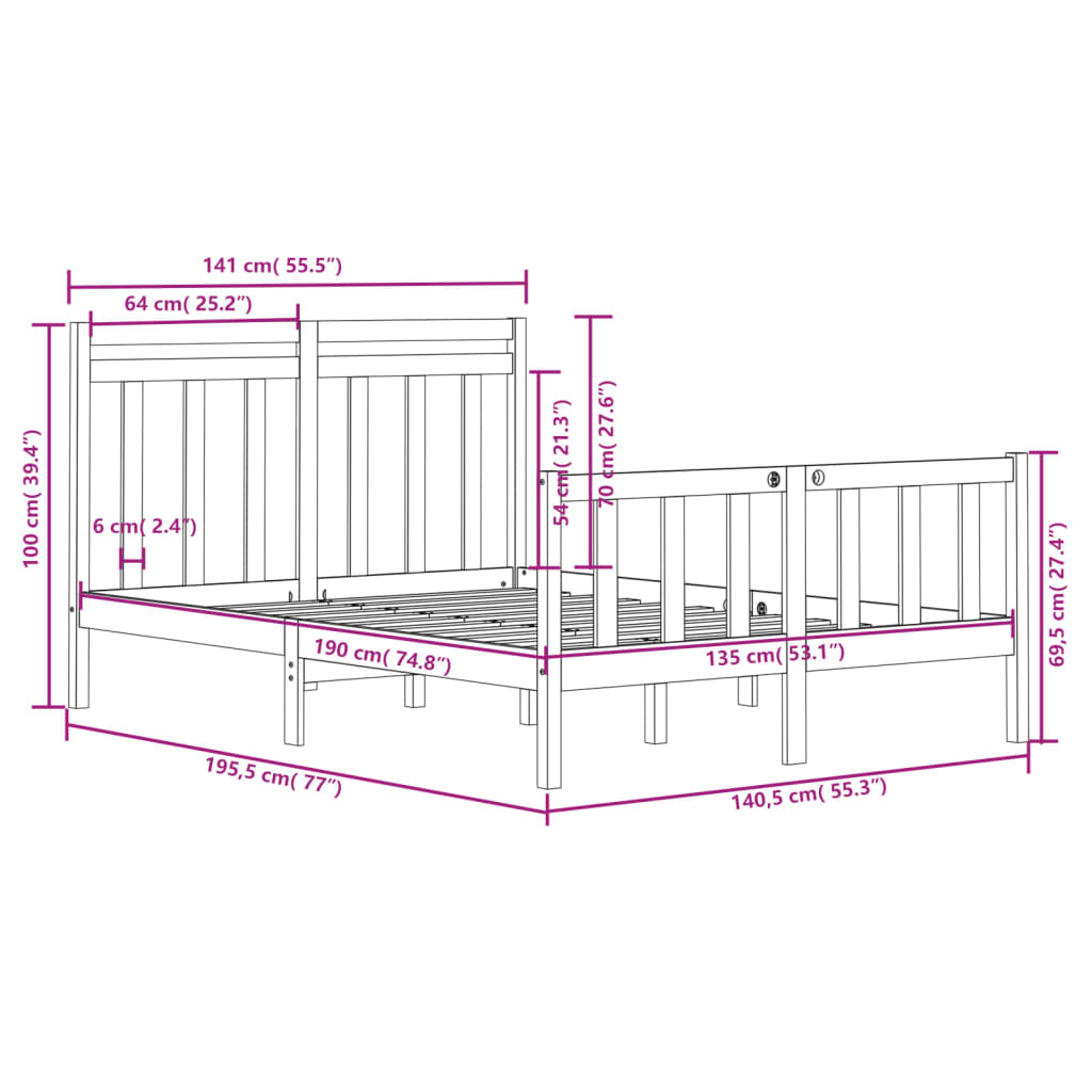 vidaXL Bed Frame without Mattress Black 135x190 cm Double Solid Wood