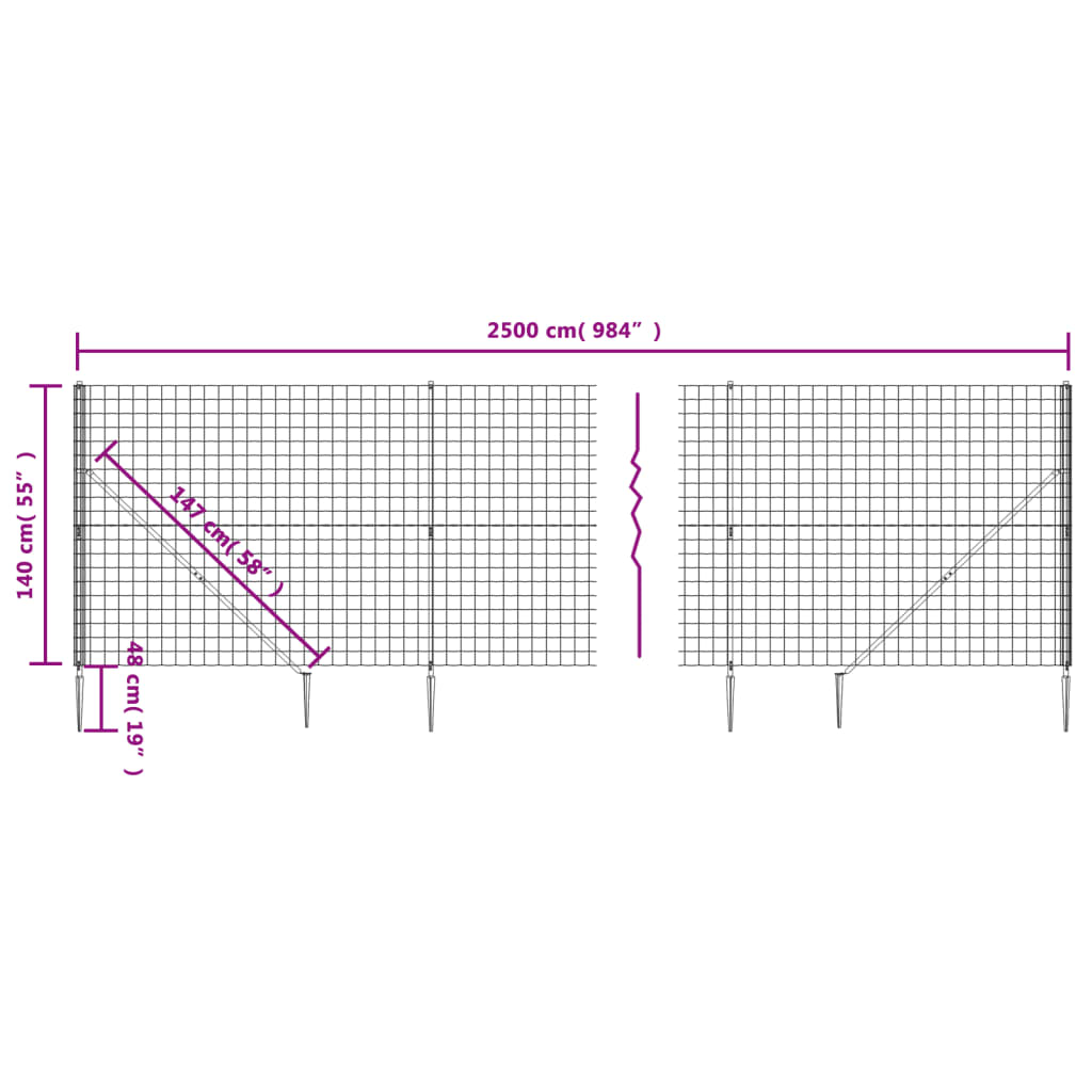 vidaXL Wire Mesh Fence with Spike Anchors Anthracite 1.4x25 m