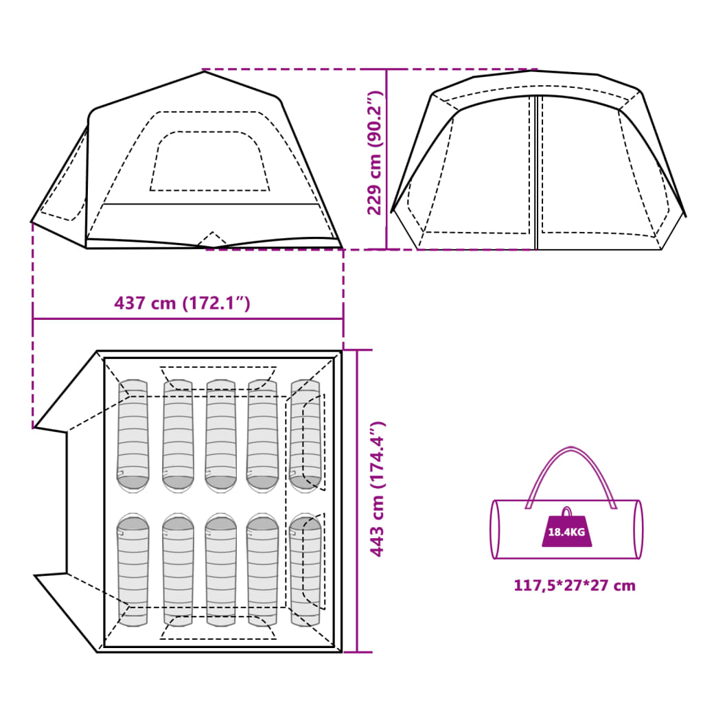 vidaXL Family Tent with LED 10-Person Light Blue Quick Release