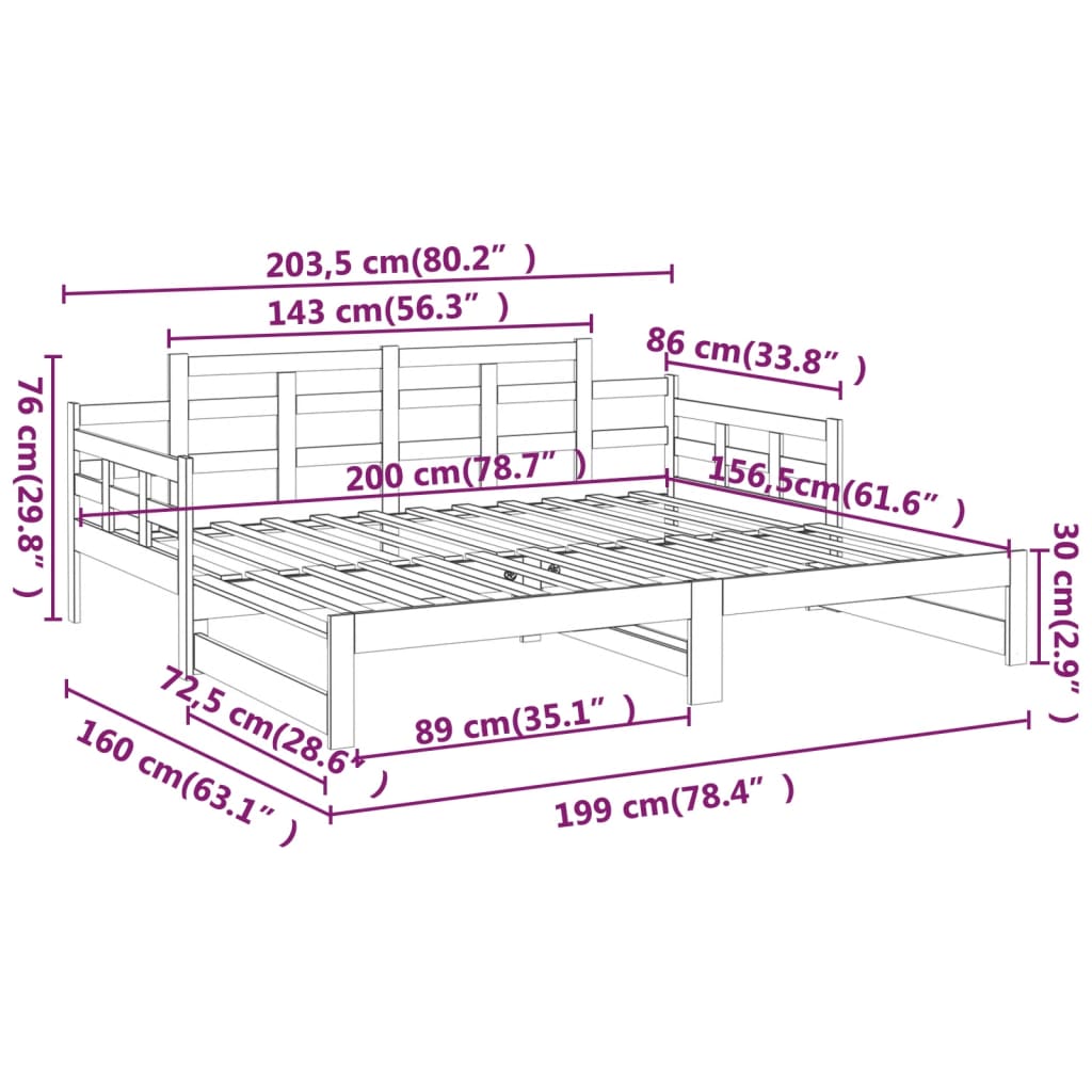 vidaXL Pull-out Day Bed without Mattress Black Solid Wood Pine 2x cm