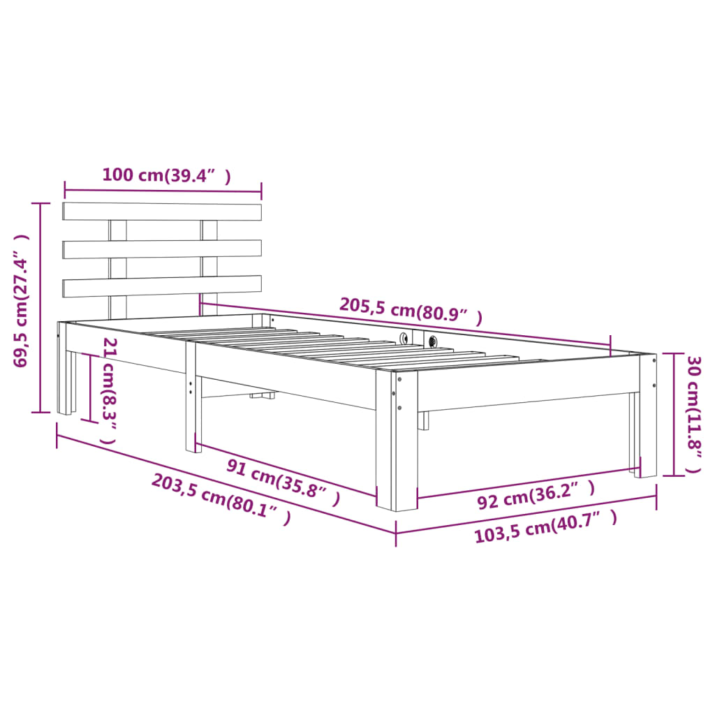 vidaXL Bed Frame without Mattress Honey Brown Solid Wood 100x200 cm