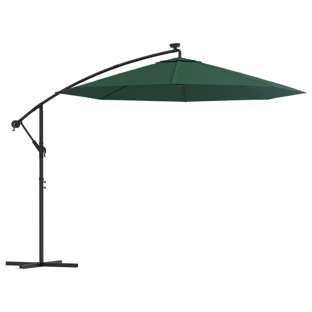 vidaXL Hanging Garden Parasol with LED Lighting 300 cm Green Metal Pole