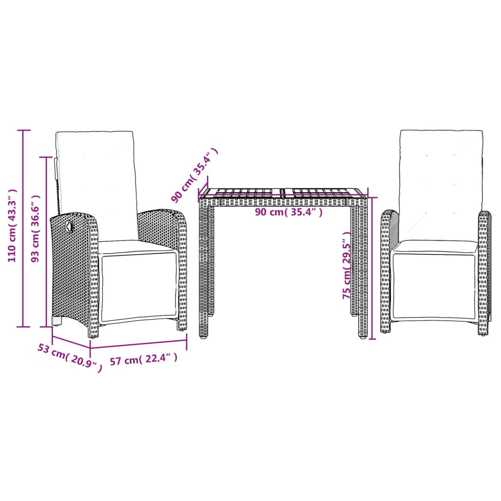 vidaXL 3 Piece Bistro Set with Cushions Black Poly Rattan