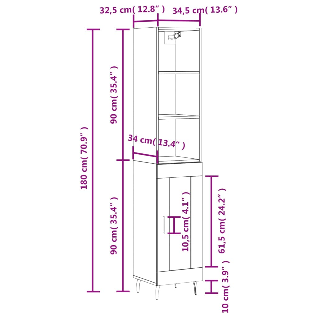 vidaXL Highboard Sonoma Oak 34.5x34x180 cm Engineered Wood