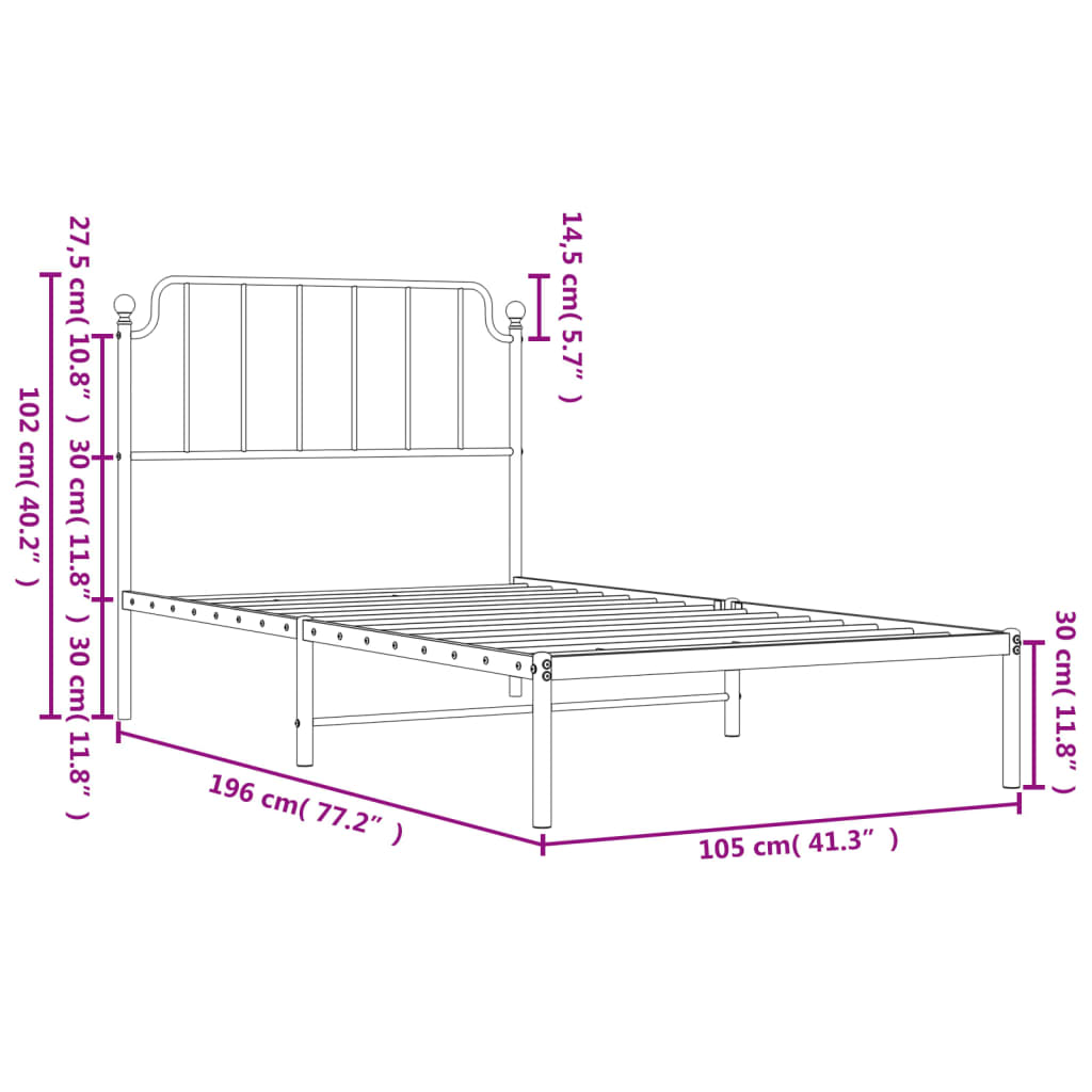 vidaXL Metal Bed Frame without Mattress with Headboard White 100x190 cm