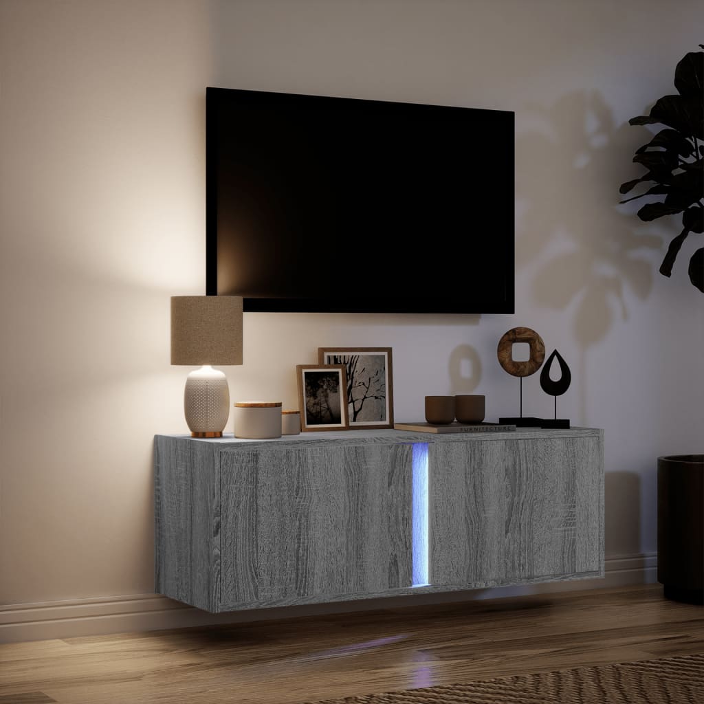 vidaXL TV Wall Cabinet with LED Lights Grey Sonoma 100x31x35 cm