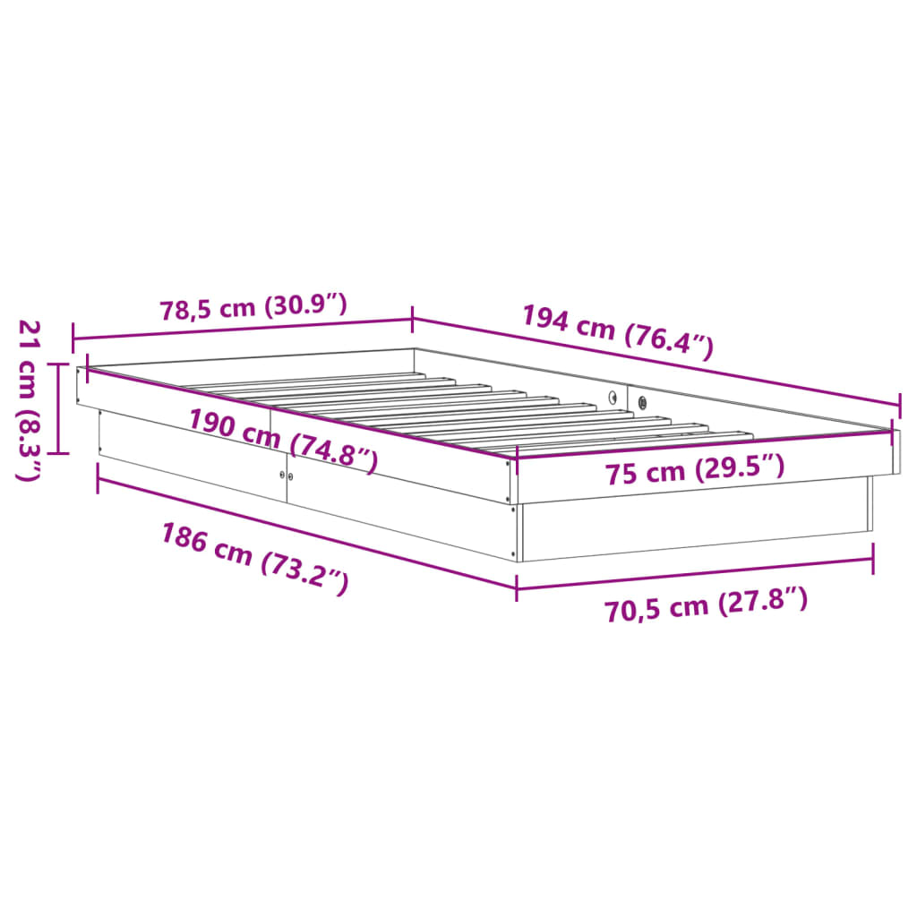 vidaXL LED Bed Frame without Mattress Wax Brown 75x190 cm Small Single Solid Wood