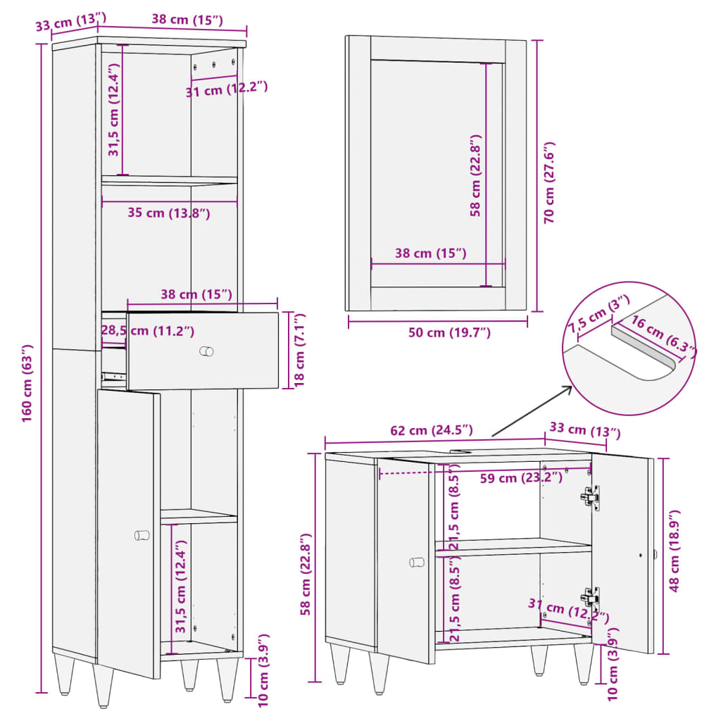 vidaXL 3 Piece Bathroom Furniture Set Solid Wood Mango