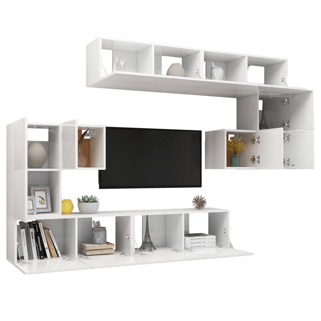 vidaXL 8 Piece TV Cabinet Set High Gloss White Engineered Wood