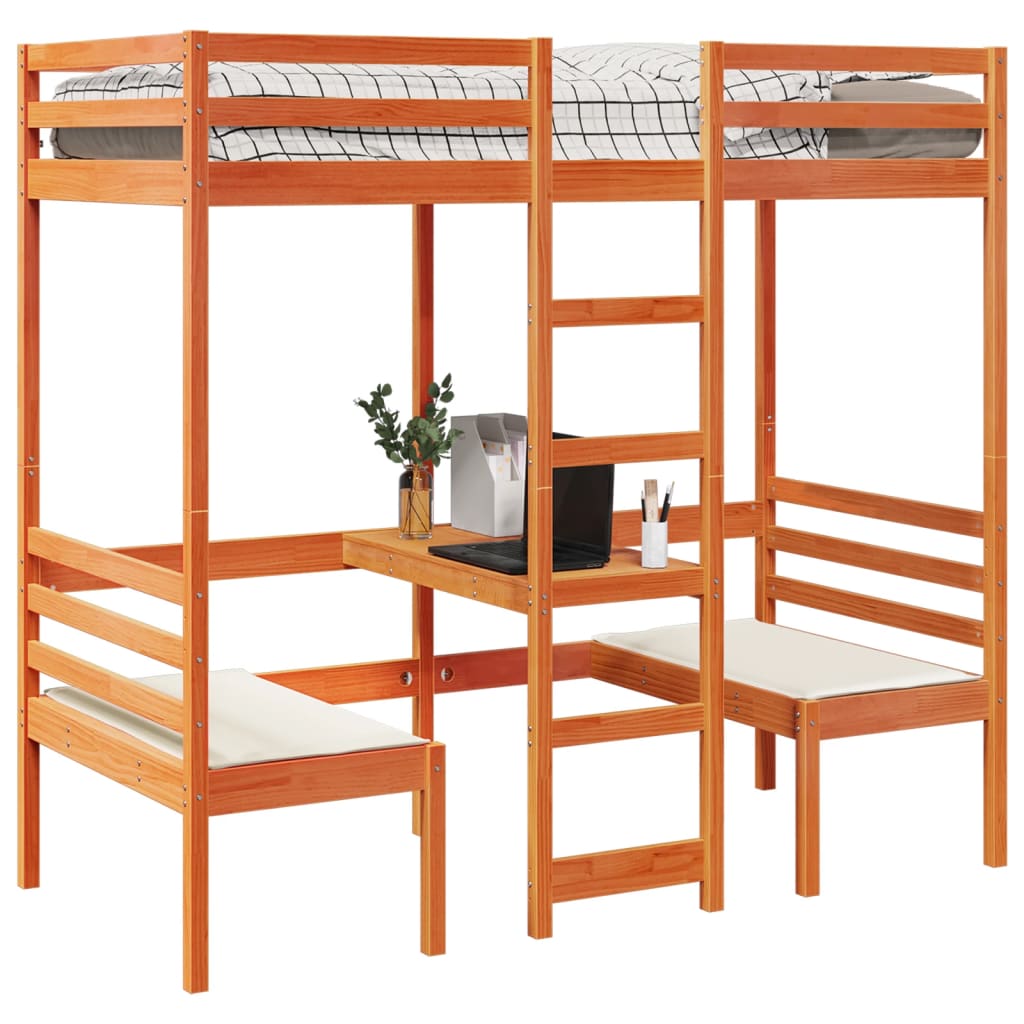 vidaXL Loft Bed Frame with Desk and Chairs Wax Brown 75x190cm Solid Wood Pine