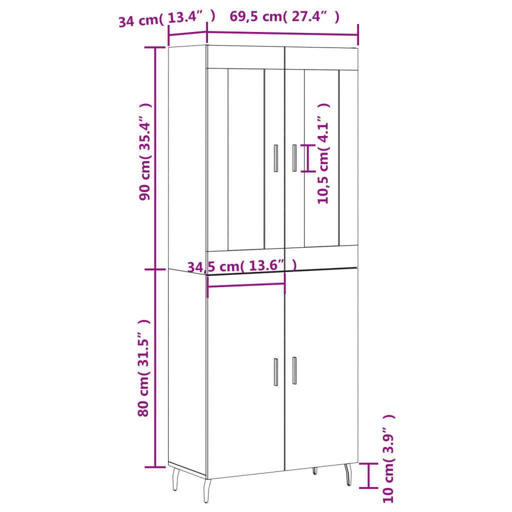 vidaXL Highboard Black 69.5x34x180 cm Engineered Wood