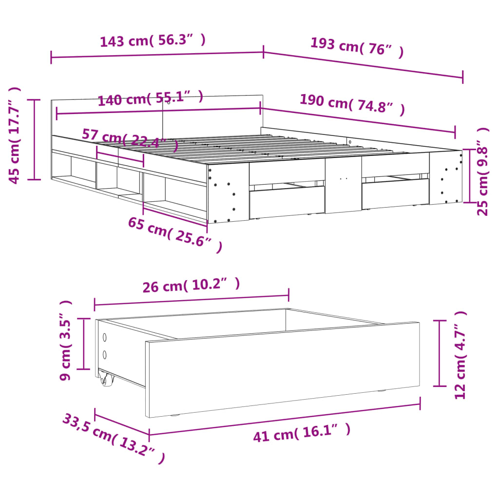 vidaXL Bed Frame with Drawers without Mattress Sonoma Oak 140x190 cm