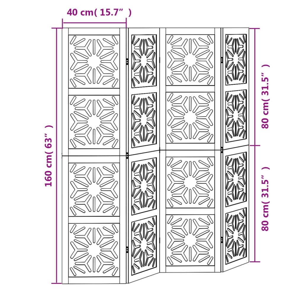 vidaXL Room Divider 4 Panels Brown and Black Solid Wood Paulownia