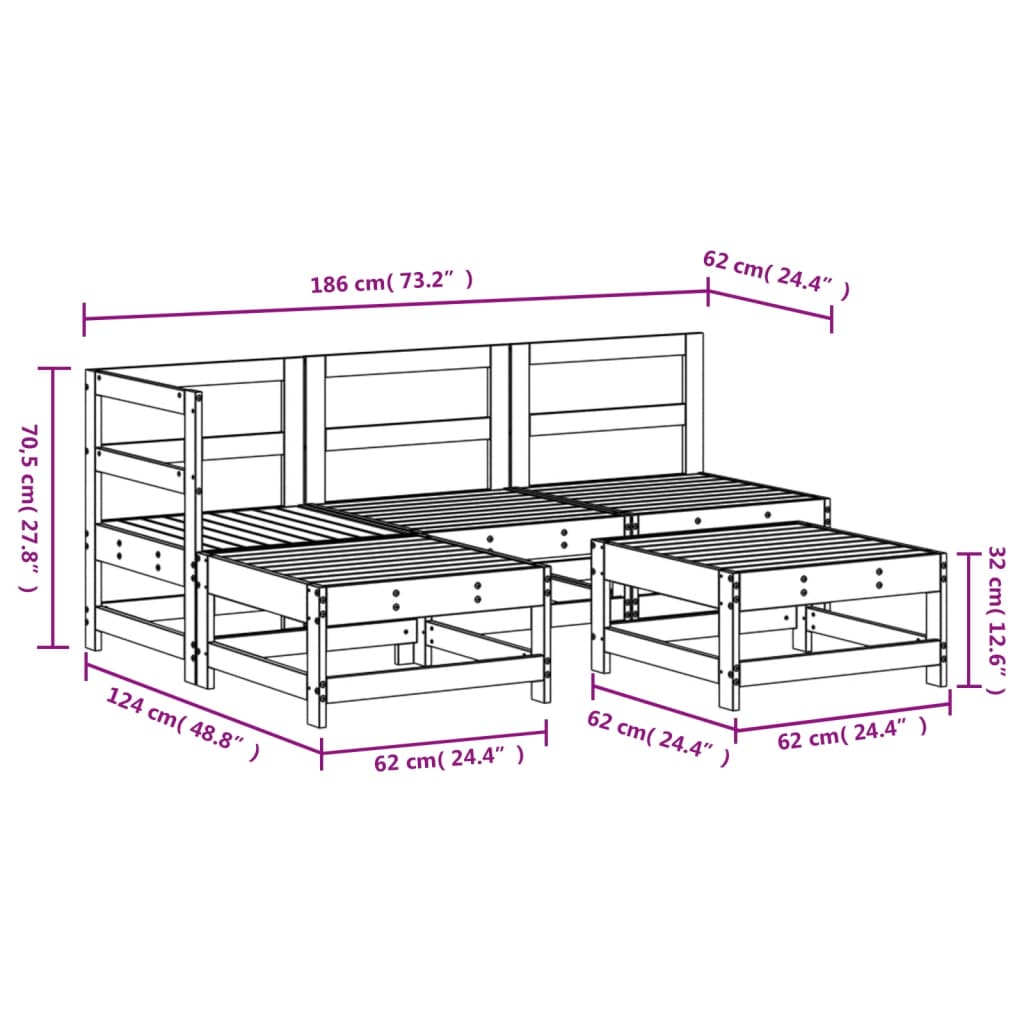 vidaXL 5 Piece Garden Lounge Set Black Solid Wood Pine