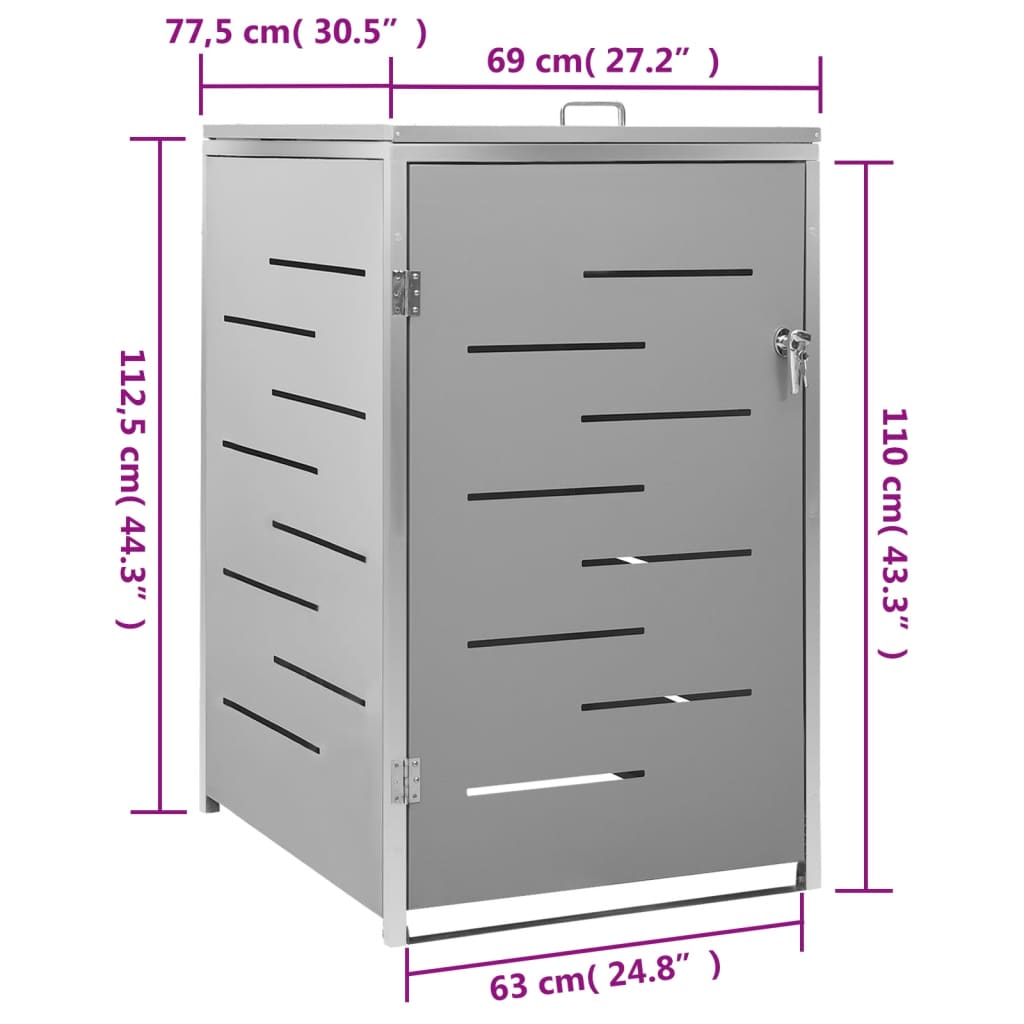 vidaXL Single Wheelie Bin Shed 69x77.5x112.5 cm Stainless Steel