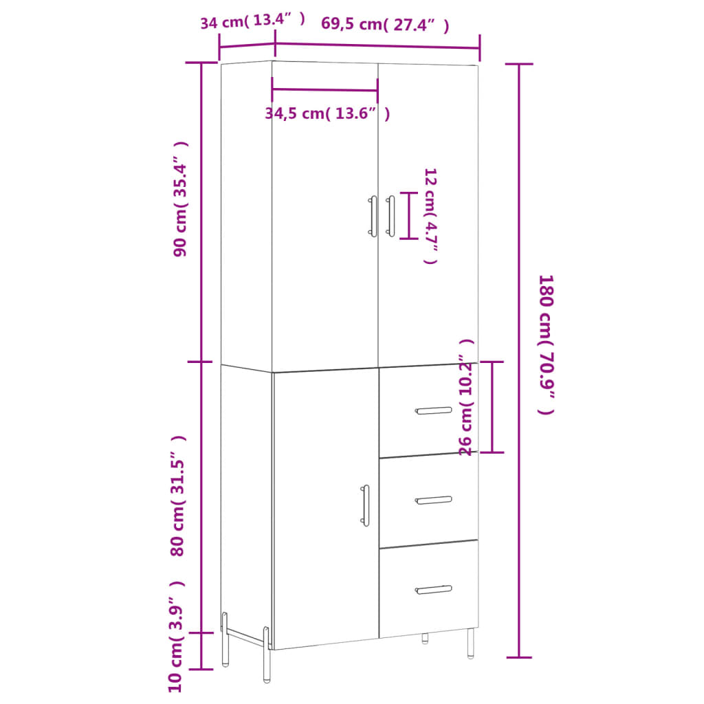 vidaXL Highboard Concrete Grey 69.5x34x180 cm Engineered Wood