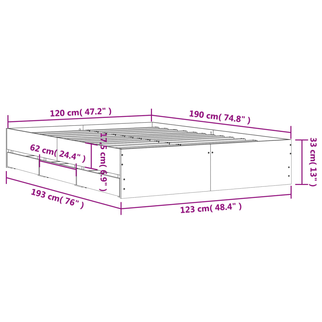 vidaXL Bed Frame with Drawers without Mattress Grey Sonoma 120x190 cm Small Double