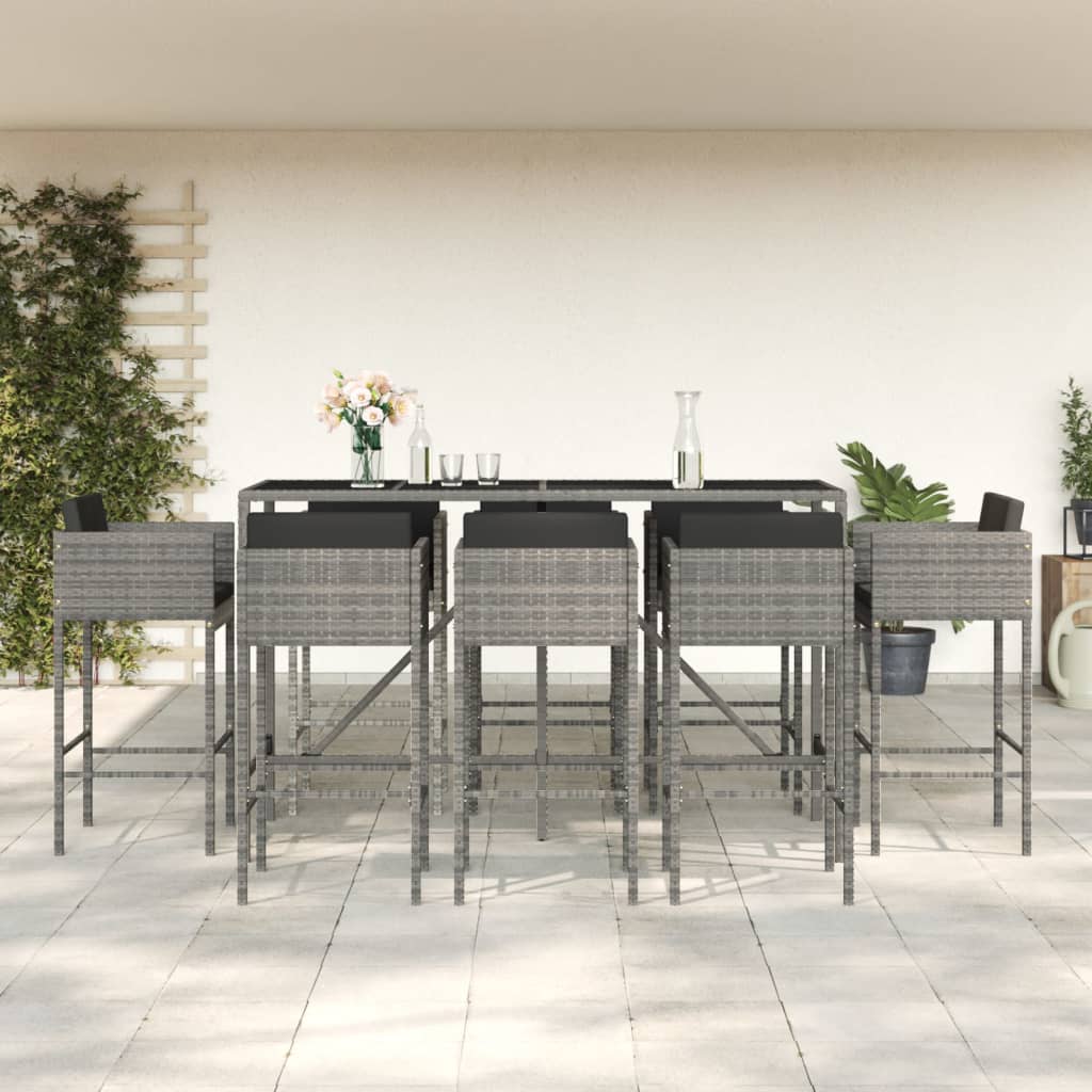 vidaXL 9 Piece Garden Bar Set with Cushions Grey Poly Rattan