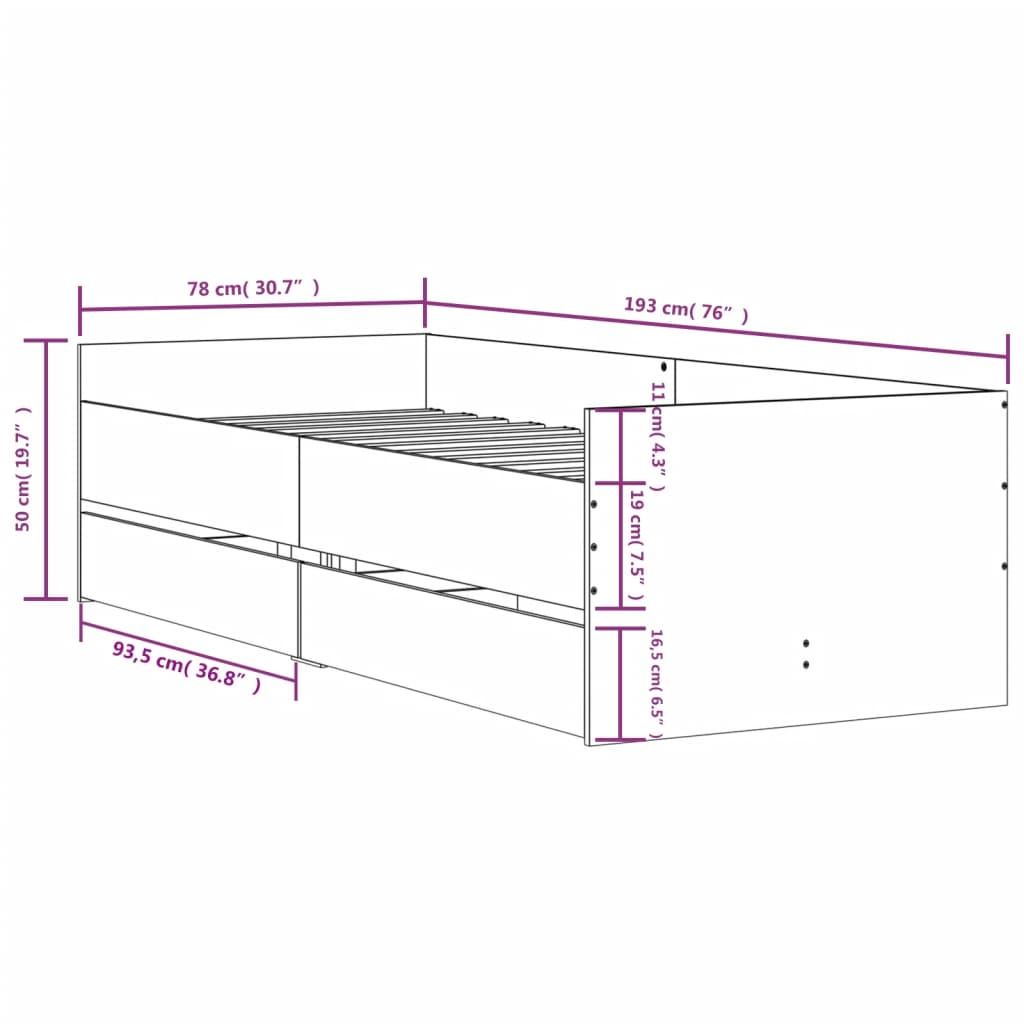 vidaXL Bed Frame without Mattress Smoked Oak 75x190 cm Small Single