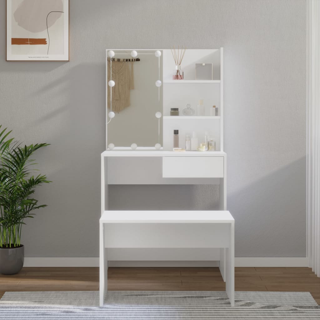 vidaXL Dressing Table Set with LED White Engineered Wood