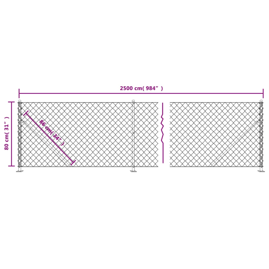 vidaXL Chain Link Fence with Flange Silver 0.8x25 m