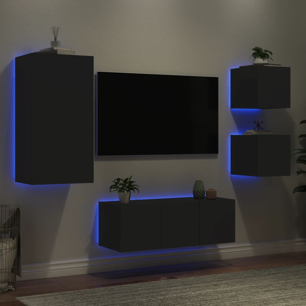 vidaXL 5 Piece TV Wall Units with LED Black Engineered Wood