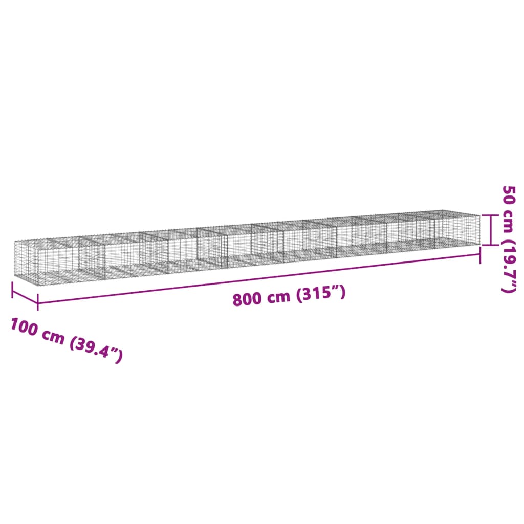 vidaXL Gabion Basket with Cover 800x100x50 cm Galvanised Iron