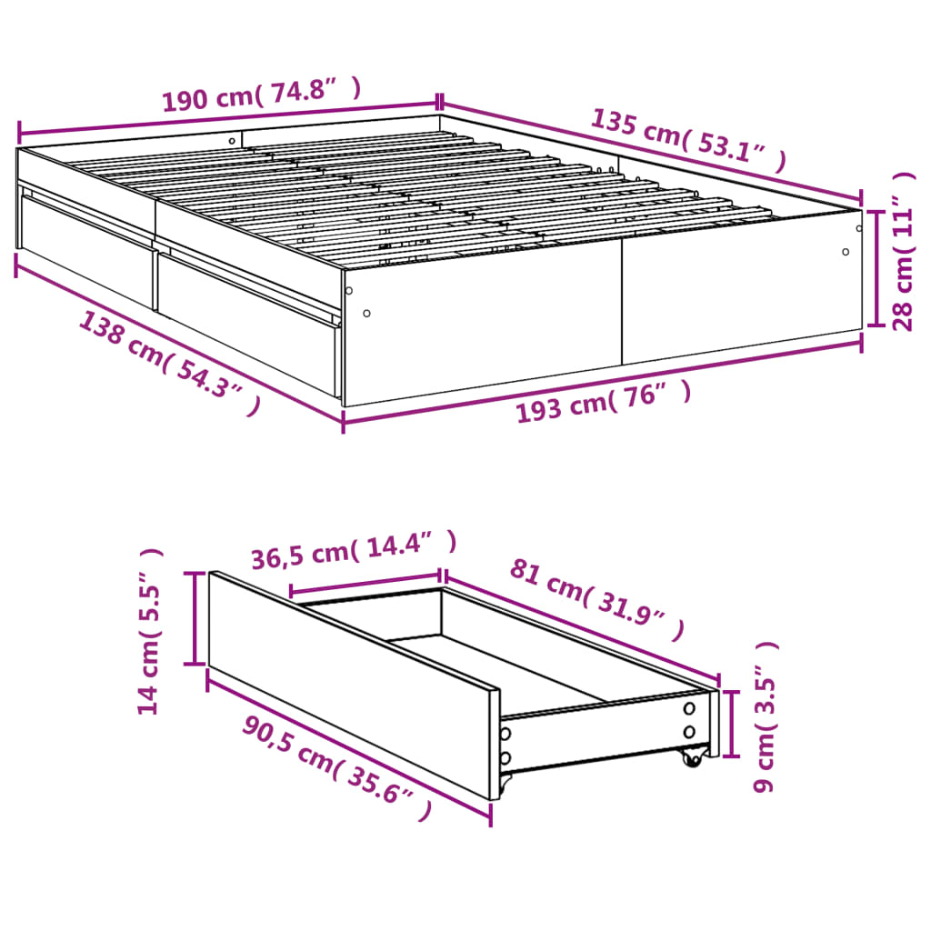 vidaXL Bed Frame with Drawers without Mattress Smoked Oak 135x190 cm Double