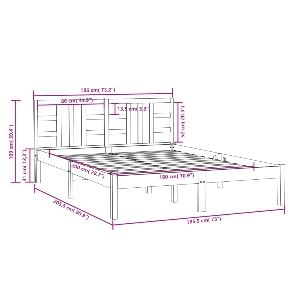 vidaXL Bed Frame without Mattress Black 180x200 cm Super King Solid Wood