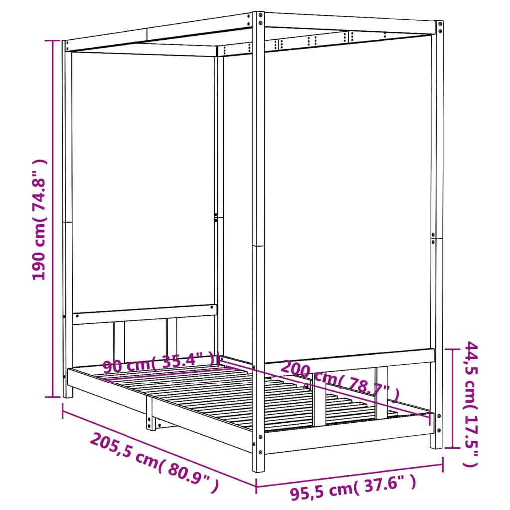 vidaXL Kids Bed Frame Black 90x200 cm Solid Wood Pine