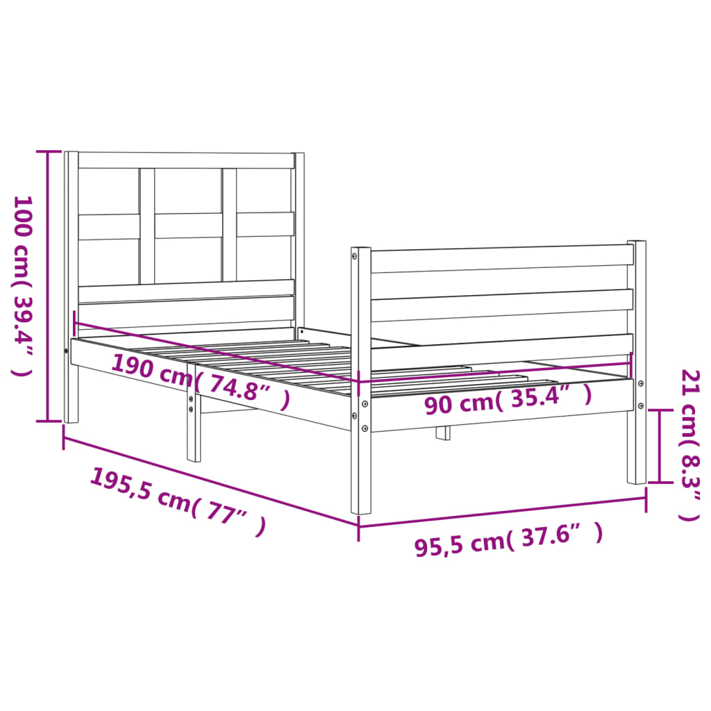 vidaXL Bed Frame without Mattress White Single Solid Wood