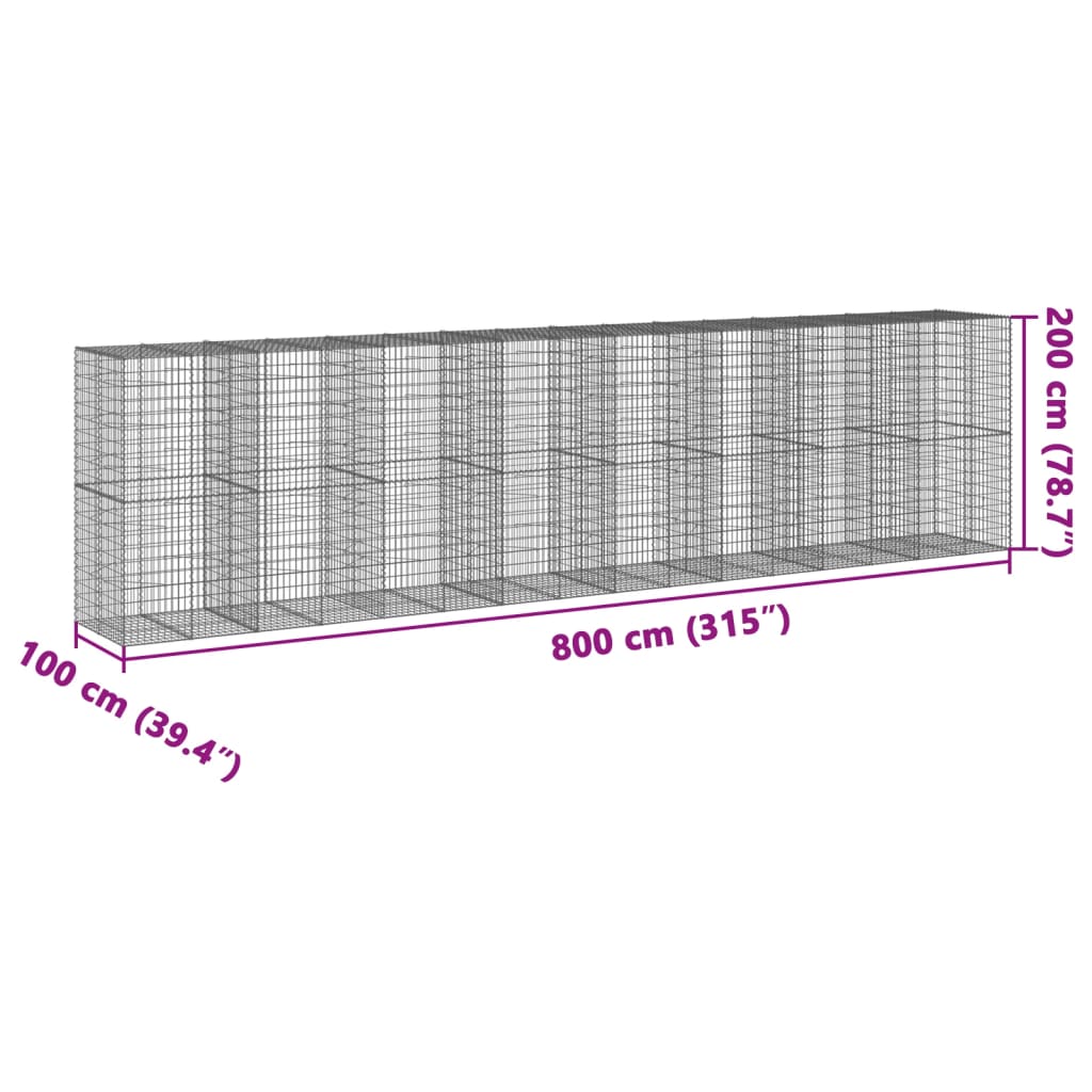 vidaXL Gabion Basket with Cover 800x100x200 cm Galvanised Iron