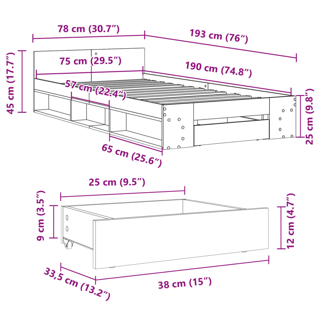 vidaXL Bed Frame with Drawer without Mattress Sonoma Oak 75x190 cm Small Single