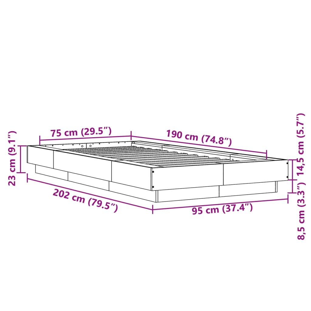 vidaXL Bed Frame with LED Lights without Mattress Brown Oak 75x190 cm Small Single