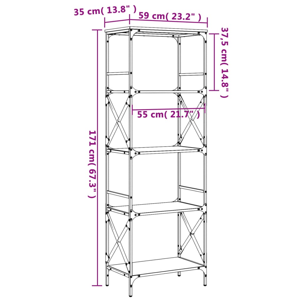 vidaXL Bookcase 5-Tier Black 59x35x171 cm Engineered Wood